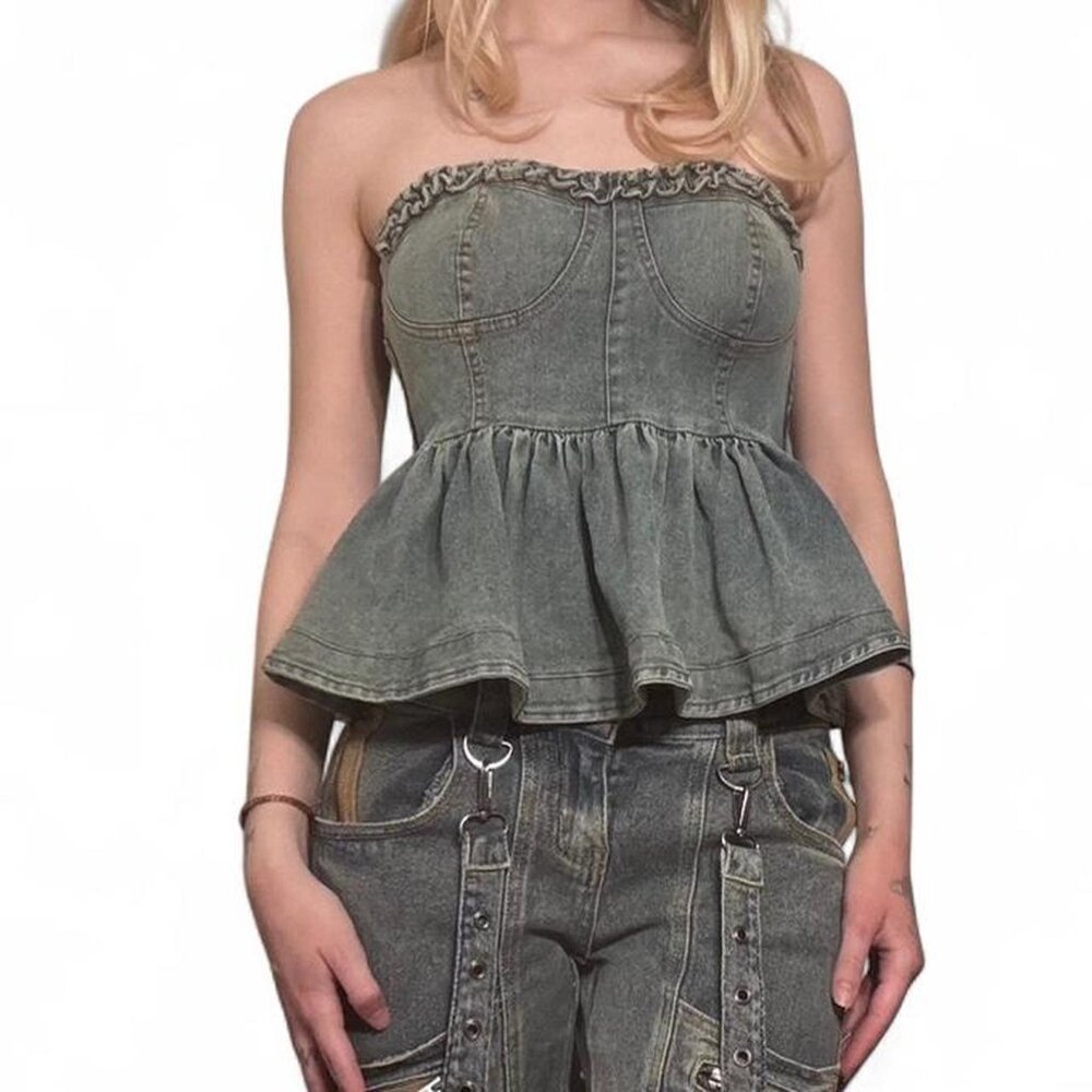 Swank A Posh Denim Ruffle Babydoll Top